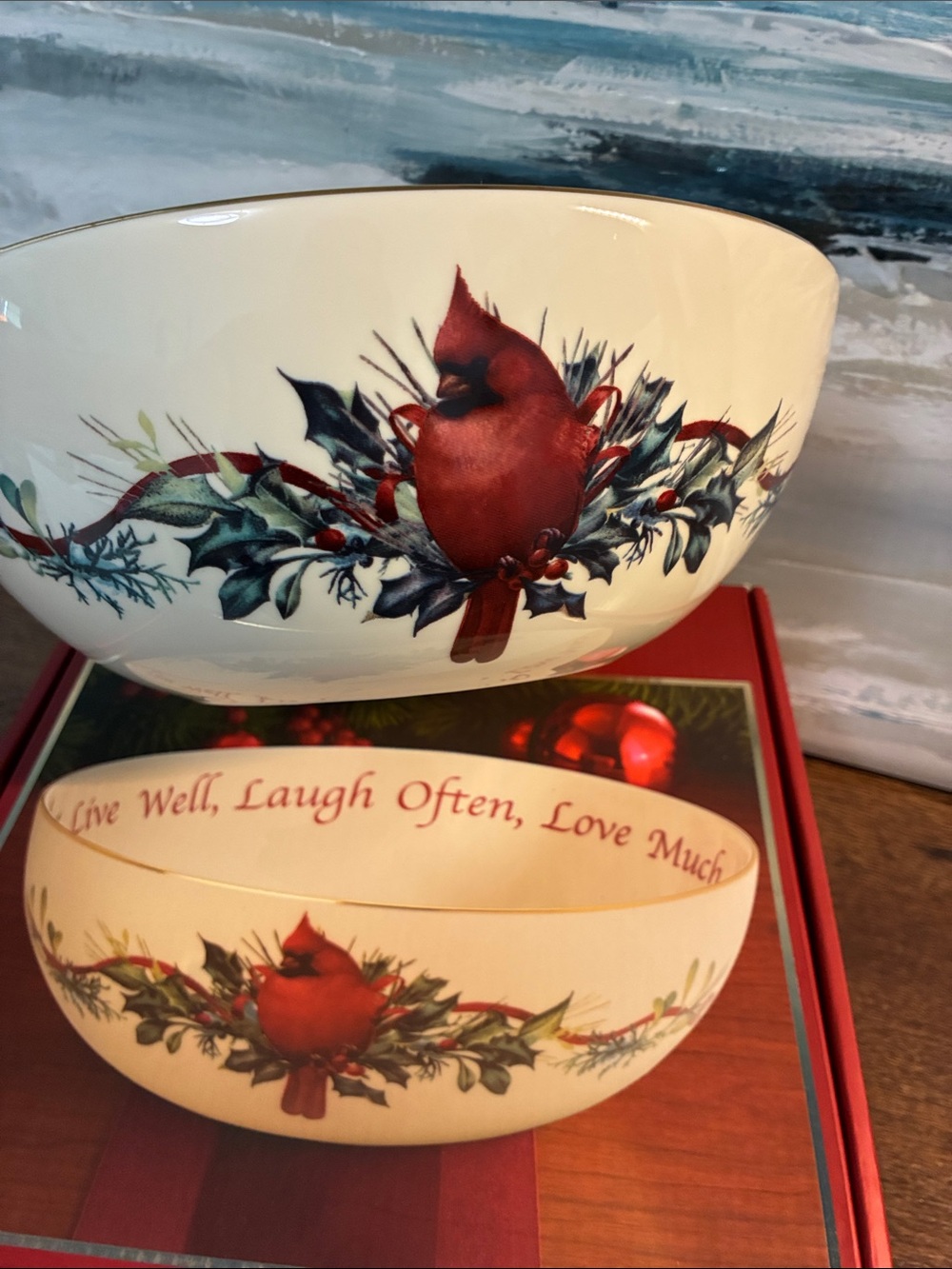 Lenox Cardinal Holiday Serving Bowl in Cream and Red with Gold Trim